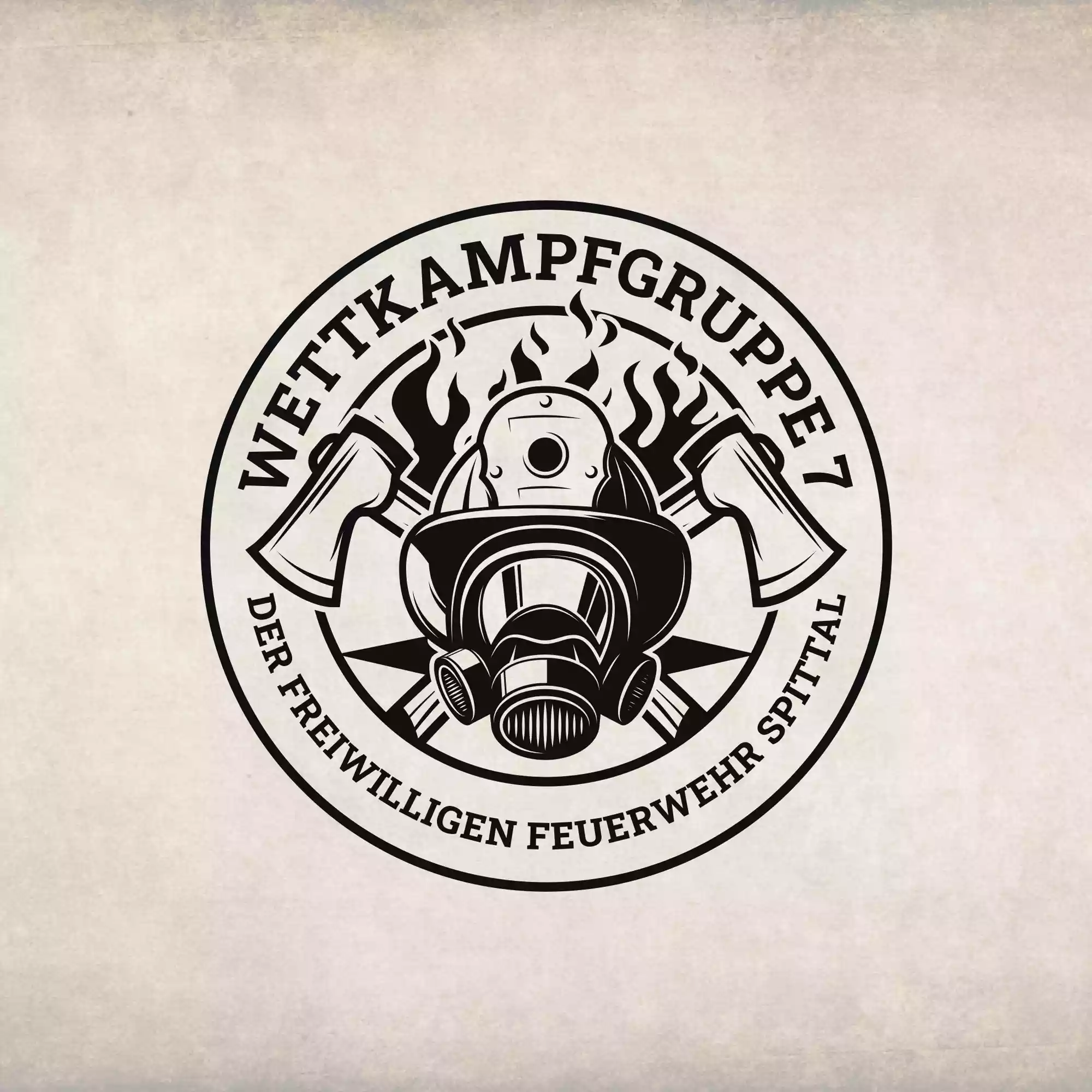 Vintage firefighter logo with classic helmet and crossed axes