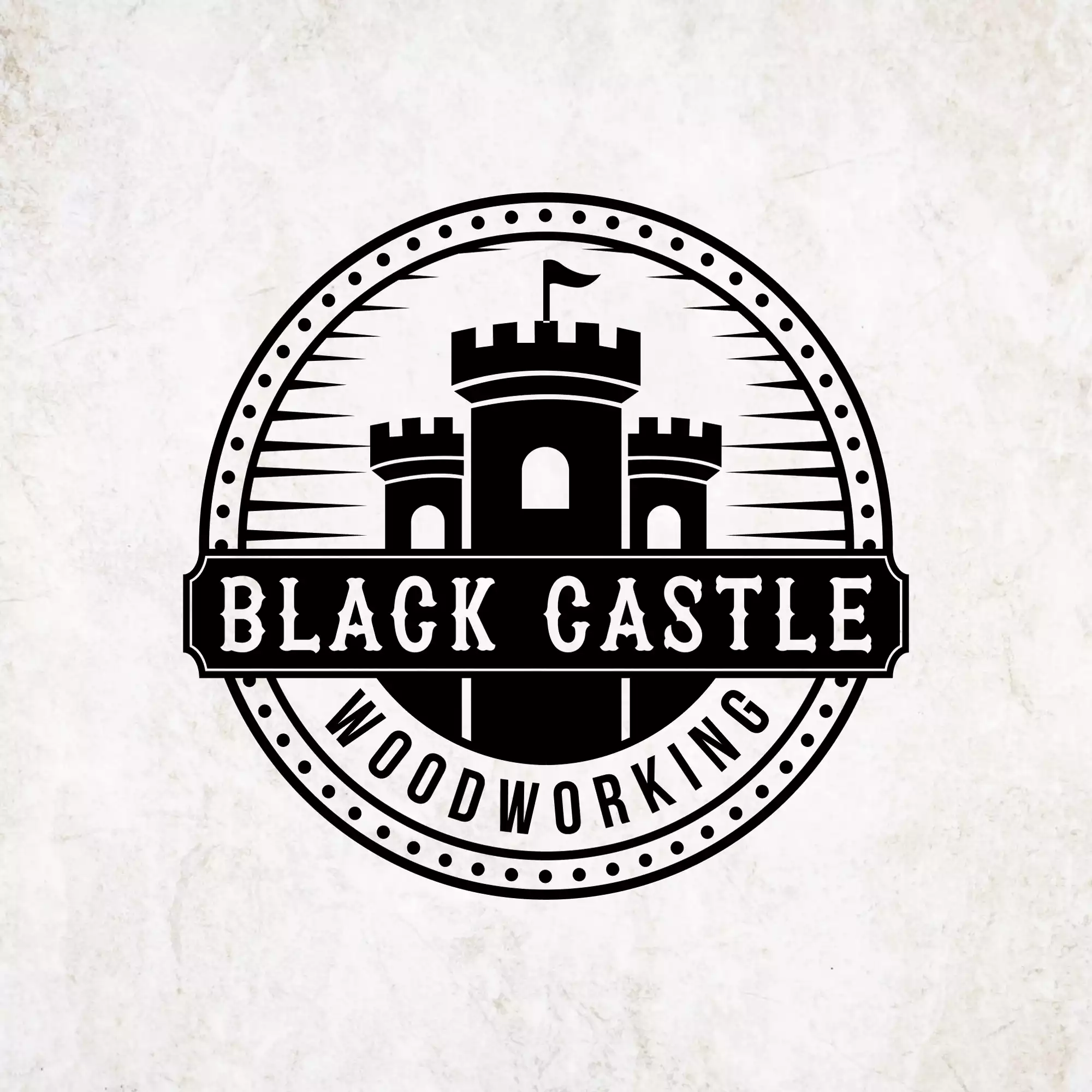 Vintage badge logo for Black Castle Woodworking with woodgrain texture and heritage feel